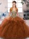 Brown Off The Shoulder Lace Up Beading and Ruffles Sweet 16 Dresses Sleeveless