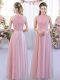 Pink Sleeveless Floor Length Lace Zipper Quinceanera Court Dresses