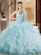 Attractive Light Blue Halter Top Neckline Embroidery and Ruffles Sweet 16 Dress Sleeveless Lace Up