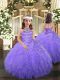 Floor Length Lace Up Little Girl Pageant Gowns Lavender for Party and Sweet 16 and Wedding Party with Beading and Ruffles