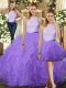 Fantastic Three Pieces Sweet 16 Quinceanera Dress Lavender High-neck Tulle Sleeveless Floor Length Backless