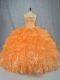 Super Orange Ball Gowns Strapless Sleeveless Organza Floor Length Lace Up Beading and Ruffles Quinceanera Dress