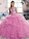 Custom Design Rose Pink Lace Up Off The Shoulder Beading and Ruffles Quinceanera Gown Tulle Sleeveless