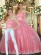 High Class Sleeveless Floor Length Appliques Lace Up Quince Ball Gowns with Watermelon Red