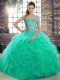 Sweet Turquoise Tulle Lace Up Quince Ball Gowns Sleeveless Brush Train Beading and Ruffles