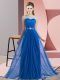 Blue Empire Scoop Sleeveless Chiffon Floor Length Lace Up Beading Damas Dress