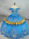Floor Length Blue Quinceanera Dresses Organza Sleeveless Embroidery