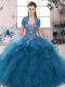 Designer Blue Sleeveless Tulle Lace Up Sweet 16 Dresses for Military Ball and Sweet 16 and Quinceanera