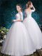 Super White Tulle Lace Up Bridal Gown Half Sleeves Floor Length Lace
