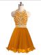 Orange A-line Halter Top Sleeveless Organza Mini Length Lace Up Beading Prom Evening Gown