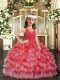 Great Ruffles and Ruffled Layers Little Girl Pageant Dress Coral Red Zipper Sleeveless Floor Length