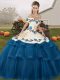Low Price Blue Quince Ball Gowns Tulle Brush Train Sleeveless Embroidery and Ruffled Layers