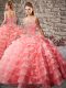Popular Watermelon Red Lace Up Quinceanera Dress Beading and Ruffled Layers Sleeveless Court Train