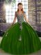 Deluxe Sleeveless Tulle Floor Length Lace Up Sweet 16 Dresses in Olive Green with Beading and Appliques