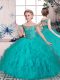 Adorable Floor Length Teal Little Girls Pageant Dress Off The Shoulder Sleeveless Lace Up