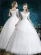 Floor Length White Wedding Dresses Tulle Sleeveless Lace and Appliques