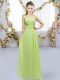 New Style Yellow Green Empire Chiffon One Shoulder Sleeveless Hand Made Flower Floor Length Lace Up Quinceanera Court of Honor Dress