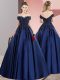 Deluxe Navy Blue Zipper Off The Shoulder Lace Quinceanera Gown Satin Sleeveless