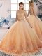 Sweet Peach Quinceanera Gown Scalloped Sleeveless Sweep Train Backless