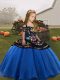 Floor Length Lace Up Little Girl Pageant Gowns Blue for Party and Wedding Party with Embroidery