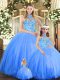 Sleeveless Floor Length Embroidery Lace Up Quinceanera Gown with Blue