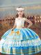 Baby Blue Satin Lace Up Kids Pageant Dress Sleeveless Floor Length Embroidery