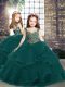 Fashion Peacock Green Kids Pageant Dress Party and Military Ball and Wedding Party with Beading and Ruffles Straps Sleeveless Lace Up