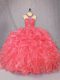 Coral Red Ball Gowns Beading and Ruffles 15th Birthday Dress Zipper Organza Sleeveless Floor Length