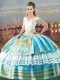 Exceptional Blue And White Ball Gowns Organza V-neck Sleeveless Embroidery and Ruffled Layers Floor Length Lace Up 15 Quinceanera Dress