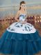 Blue And White Ball Gowns Embroidery and Bowknot Sweet 16 Dresses Lace Up Tulle Sleeveless Floor Length