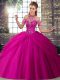 Fuchsia 15th Birthday Dress Military Ball and Sweet 16 and Quinceanera with Beading and Pick Ups Halter Top Sleeveless Brush Train Lace Up