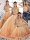 Scalloped Sleeveless Sweep Train Backless Quinceanera Dress Gold and Peach Tulle