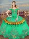 Decent Off The Shoulder Sleeveless Sweet 16 Dresses Floor Length Embroidery Green Satin