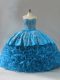 Embroidery and Ruffles Quinceanera Gown Blue Lace Up Sleeveless Brush Train