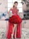 Fancy Red A-line Halter Top Sleeveless Organza High Low Lace Up Beading and Ruffled Layers Pageant Dress Toddler