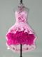 Fitting Pink Ball Gowns Halter Top Sleeveless Satin and Organza High Low Lace Up Embroidery and Ruffles Club Wear
