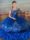 High End Royal Blue Sleeveless Floor Length Embroidery and Ruffled Layers Lace Up Quinceanera Gown