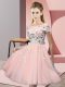 Pink Short Sleeves Knee Length Appliques Lace Up Bridesmaid Dress