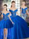 Customized Off The Shoulder Sleeveless Brush Train Lace Up Sweet 16 Quinceanera Dress Royal Blue Tulle