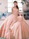 Peach Sleeveless Tulle Brush Train Lace Up Ball Gown Prom Dress for Military Ball and Sweet 16 and Quinceanera