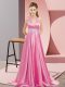 Dramatic Rose Pink Elastic Woven Satin Backless Dress for Prom Sleeveless Brush Train Beading