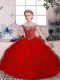 Sleeveless Tulle Floor Length Lace Up Kids Formal Wear in Red with Beading and Ruffles