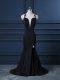 Black Satin Zipper Straps Sleeveless Evening Dress Brush Train Lace