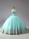 Custom Fit Sleeveless Tulle Court Train Lace Up Ball Gown Prom Dress in Blue with Appliques