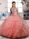 Admirable Watermelon Red Ball Gowns Off The Shoulder Sleeveless Tulle Floor Length Lace Up Beading Quinceanera Gowns