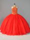 Dazzling Sleeveless Floor Length Beading Lace Up 15th Birthday Dress with Red