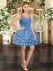 Custom Designed Blue Ball Gowns V-neck Sleeveless Organza Mini Length Backless Ruffled Layers Homecoming Gowns