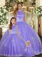 Lavender Tulle Backless Halter Top Sleeveless Floor Length 15th Birthday Dress Beading and Appliques
