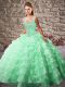 Apple Green Ball Gowns Organza Straps Sleeveless Beading and Ruffled Layers Lace Up Vestidos de Quinceanera Court Train