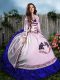 Perfect Sleeveless Floor Length Embroidery and Ruffles Lace Up Quinceanera Dress with Blue And White